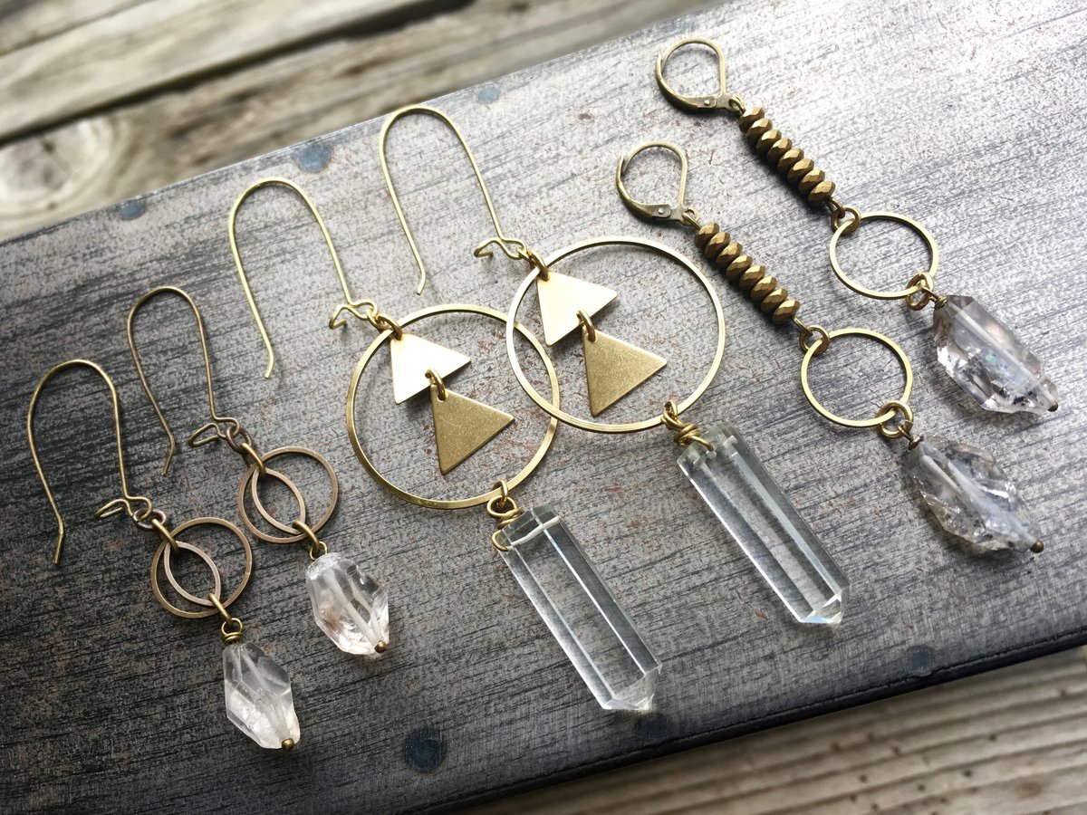 ng Earrings | Quartz Crystal | Brass Triangle Hoop Drop Earrings