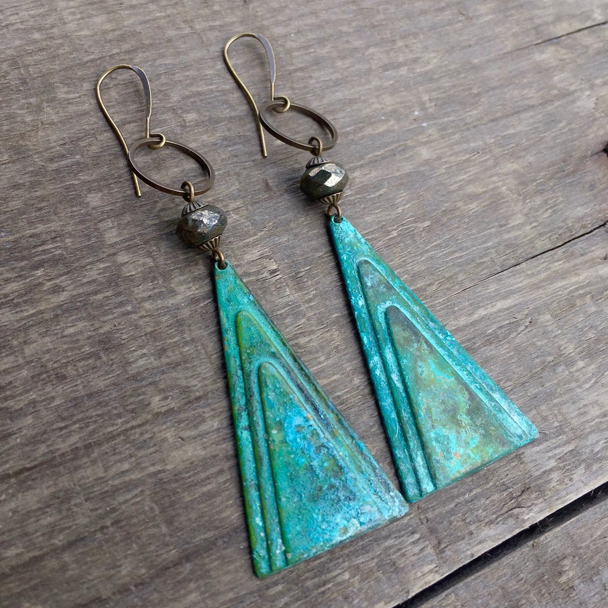 Mountain Alchemy Earrings | Faceted Pyrite | Brass Patina Triangle Drop Earrings