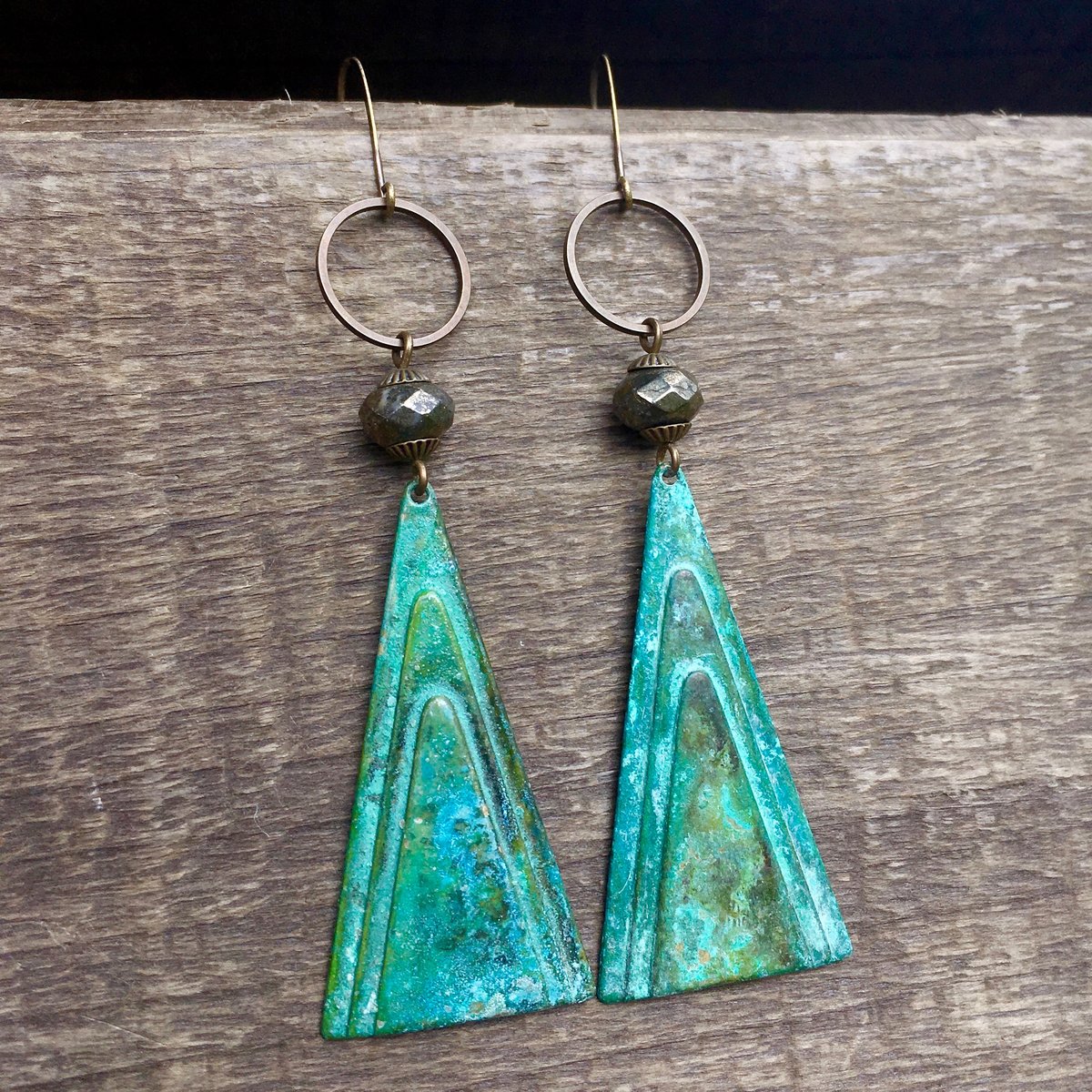 Mountain Alchemy Earrings | Faceted Pyrite | Brass Patina Triangle Drop Earrings