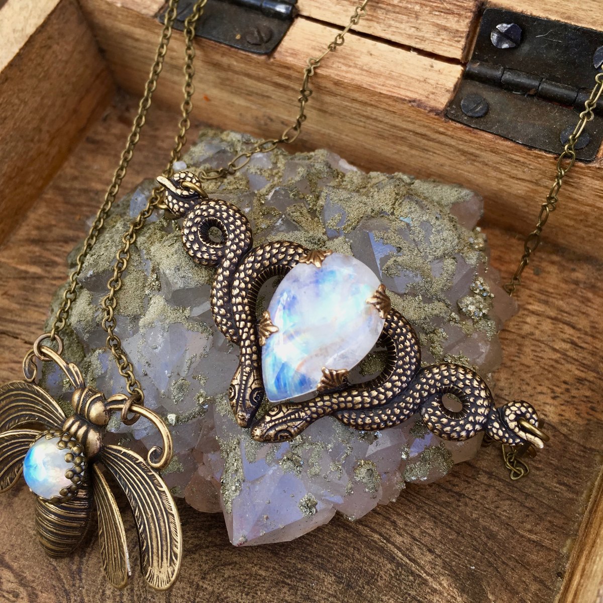 Cosmic Serpent Necklace | Rainbow Moonstone | Antiqued Brass Snake Necklace
