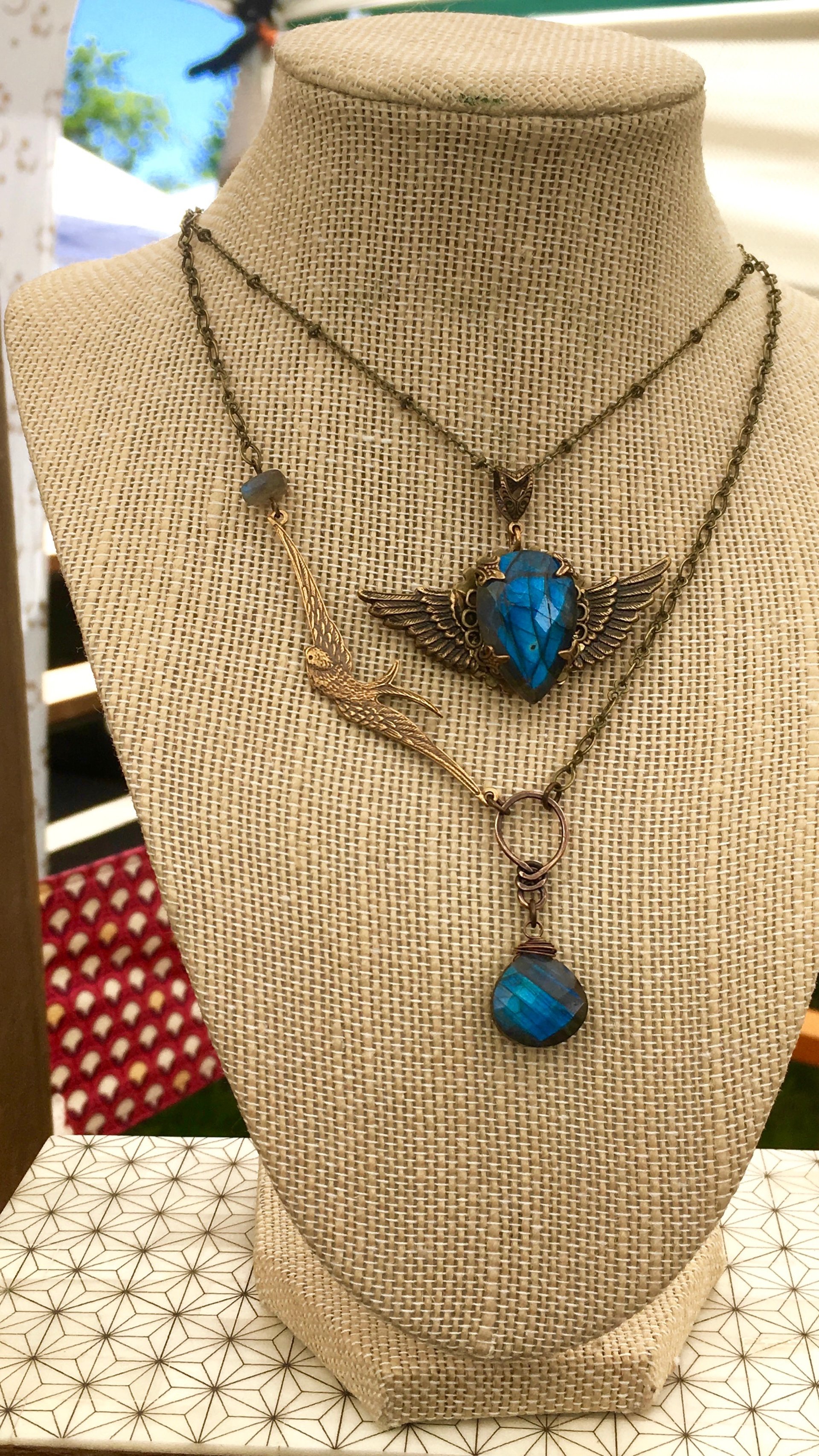 Winged Heart Necklace | Blue Labradorite & Vintage Brass Winged Heart Necklace