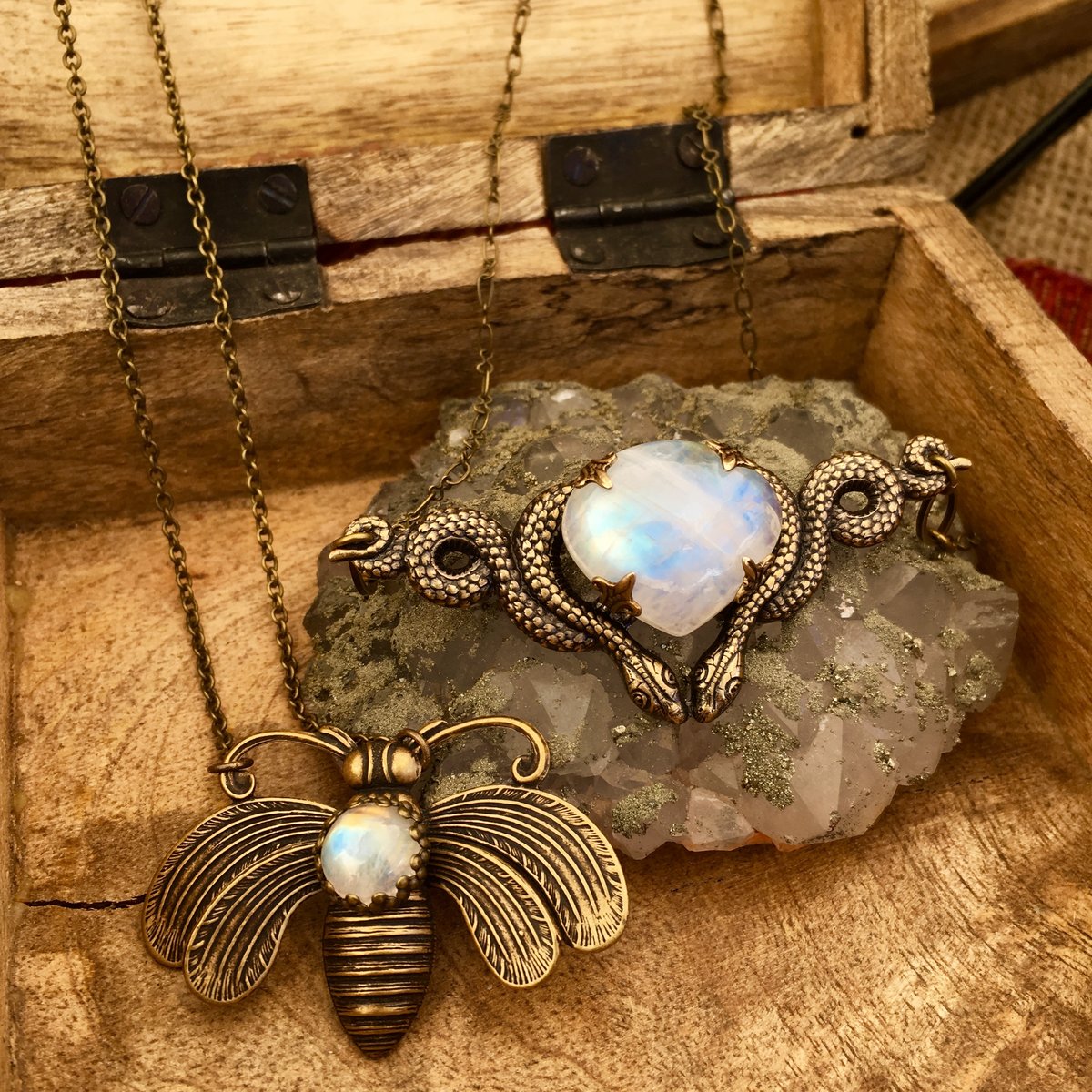 Cosmic Serpent Necklace | Rainbow Moonstone | Antiqued Brass Snake Necklace