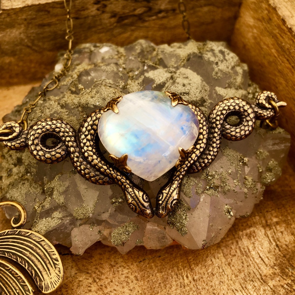 Cosmic Serpent Necklace | Rainbow Moonstone | Antiqued Brass Snake Necklace