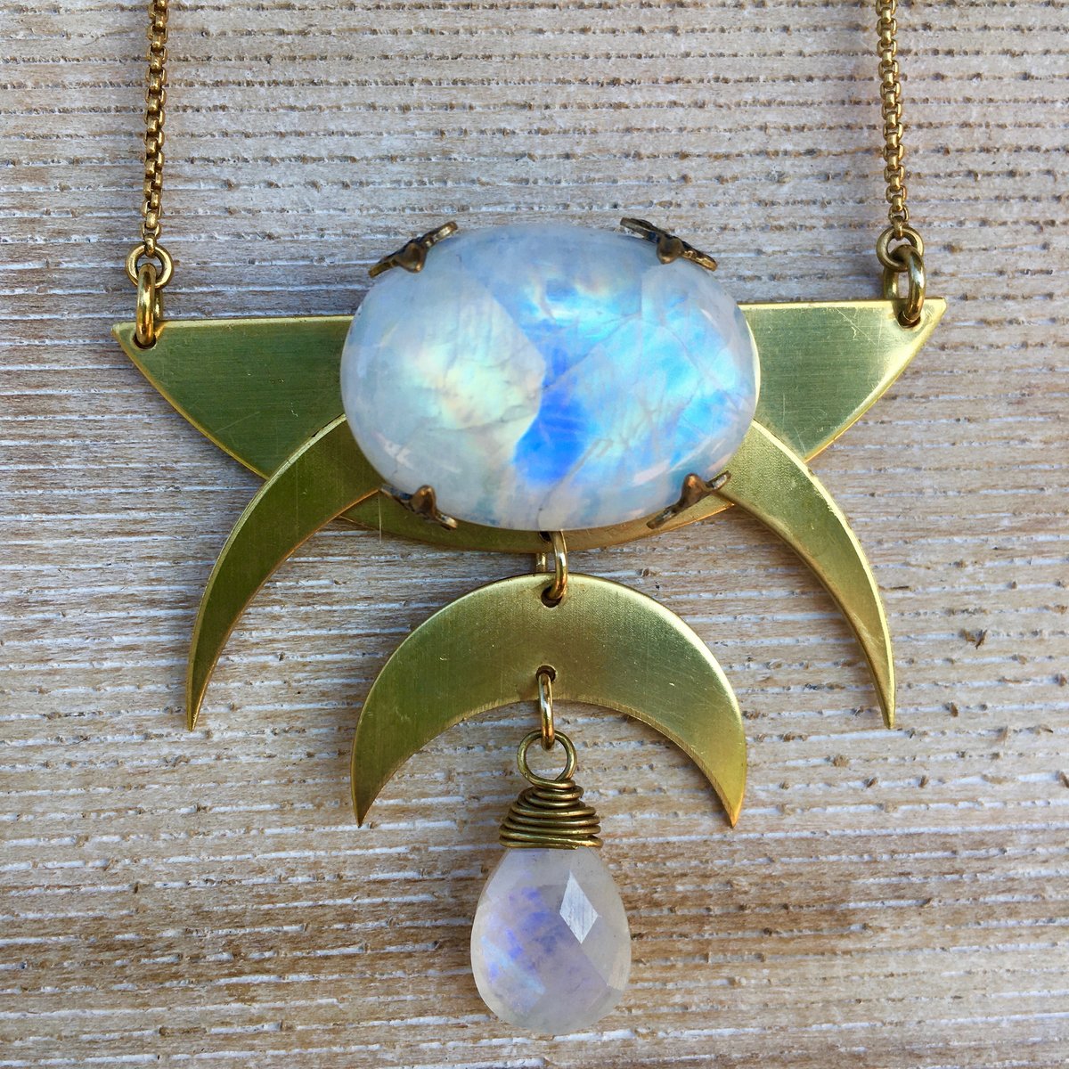 Over the Moon Necklace | Rainbow Moonstone | Brass Triple MoonDrop Necklace