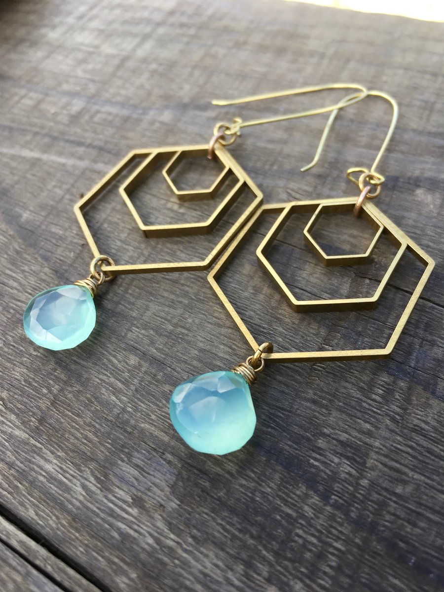 Geo Storm Earrings | Aqua Blue Chalcedony & Brass Hexagon Drop Earrings