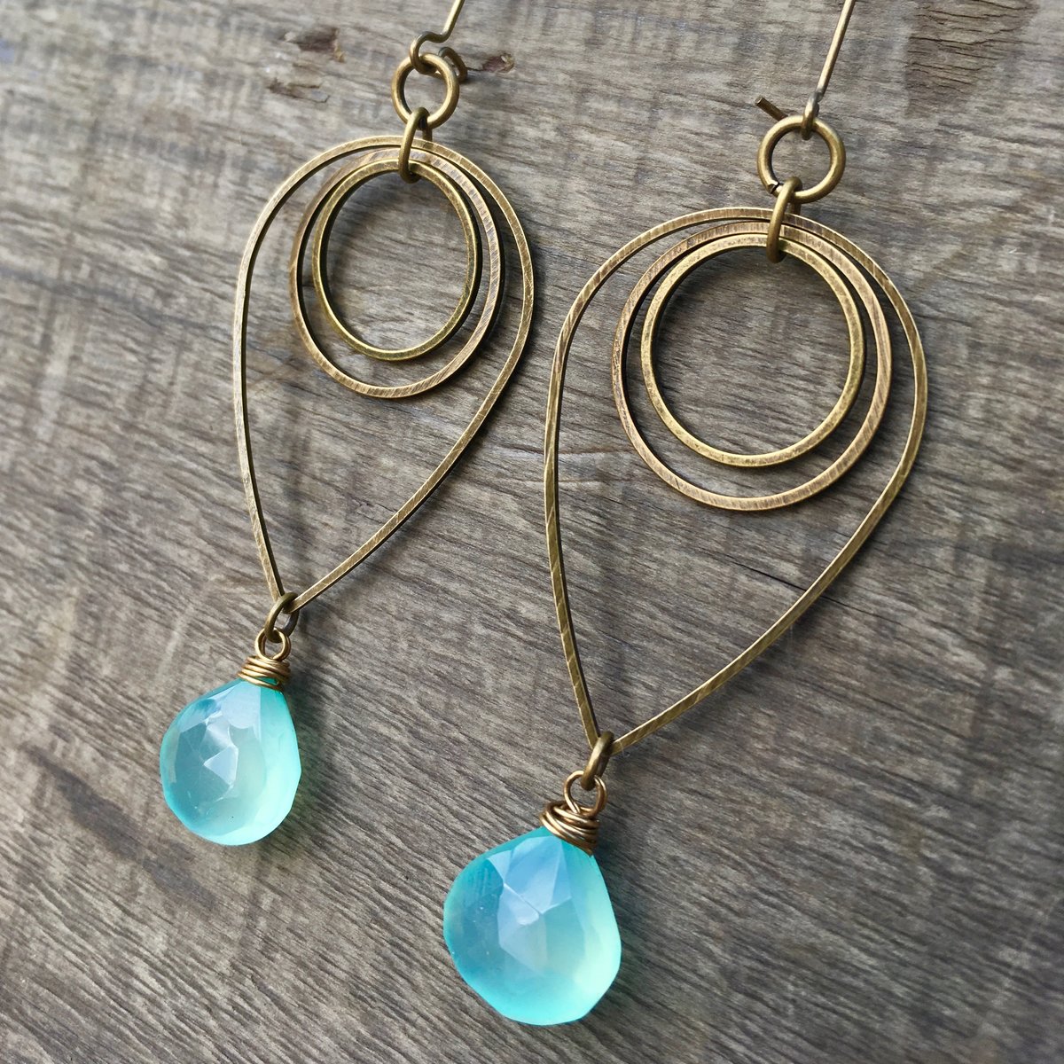 Drop of Rain Earrings | Aqua Blue Chalcedony & Brass Geometric Jewelry