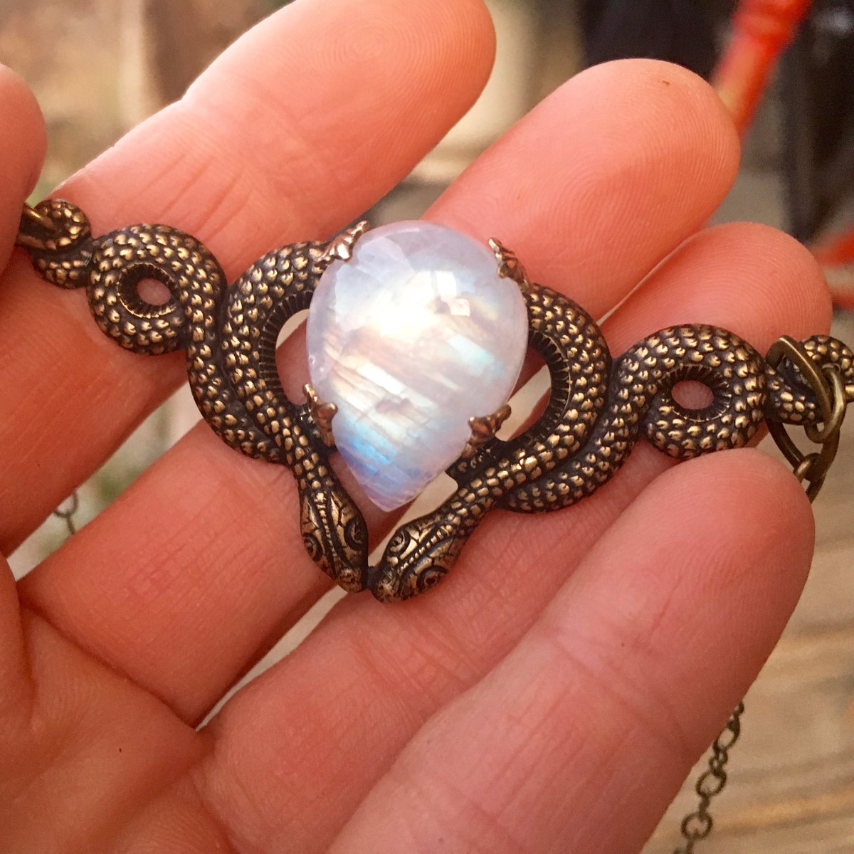 Cosmic Serpent Necklace | Rainbow Moonstone | Antiqued Brass Snake Necklace