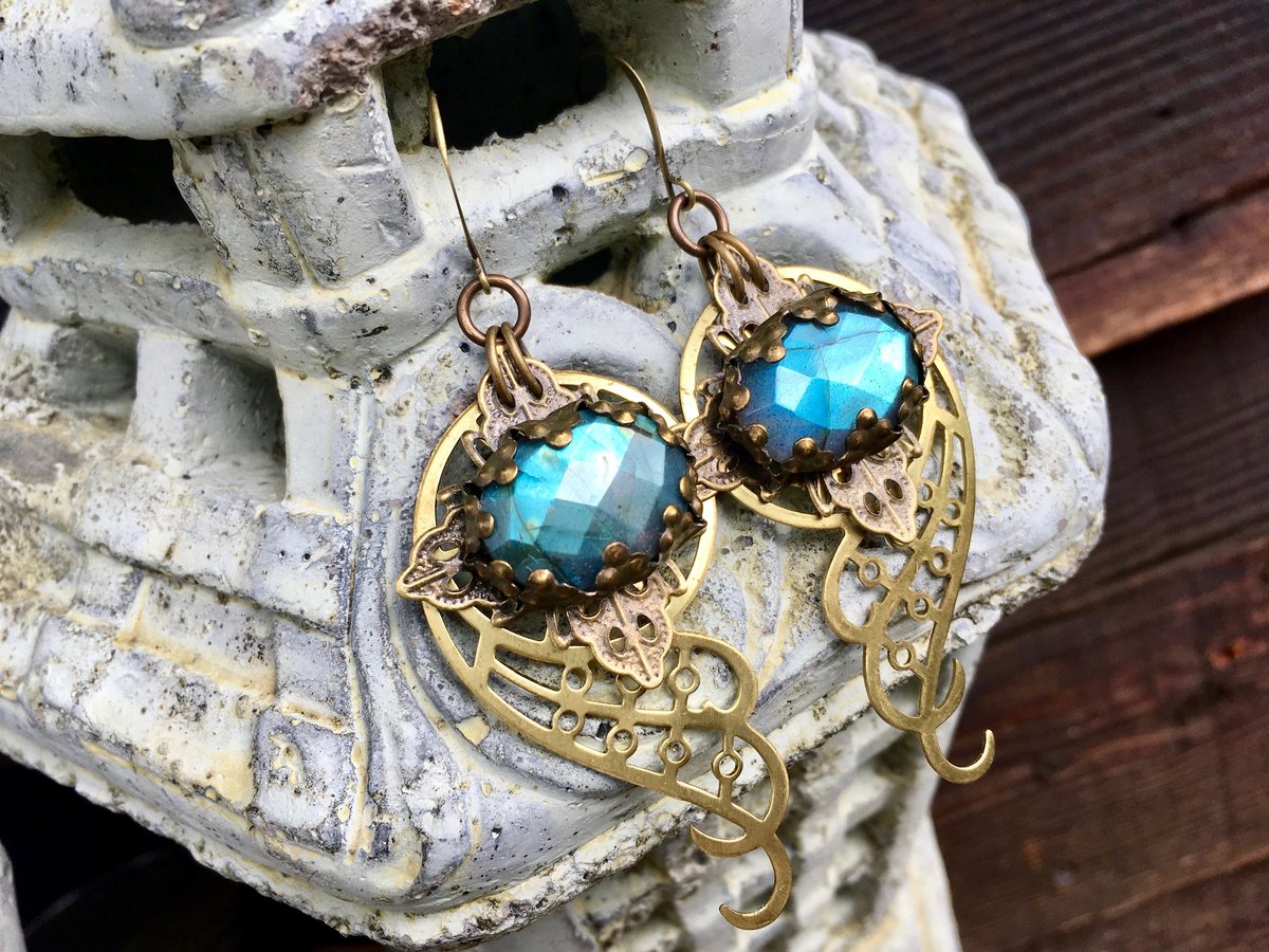 Spiral Galaxy Earrings | Blue Labradorite & Brass Spiral Geometric Jewelry