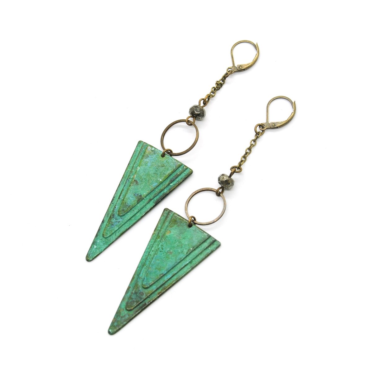 Earth Arrow Earrings | Pyrite & Patina Triangle Earrings