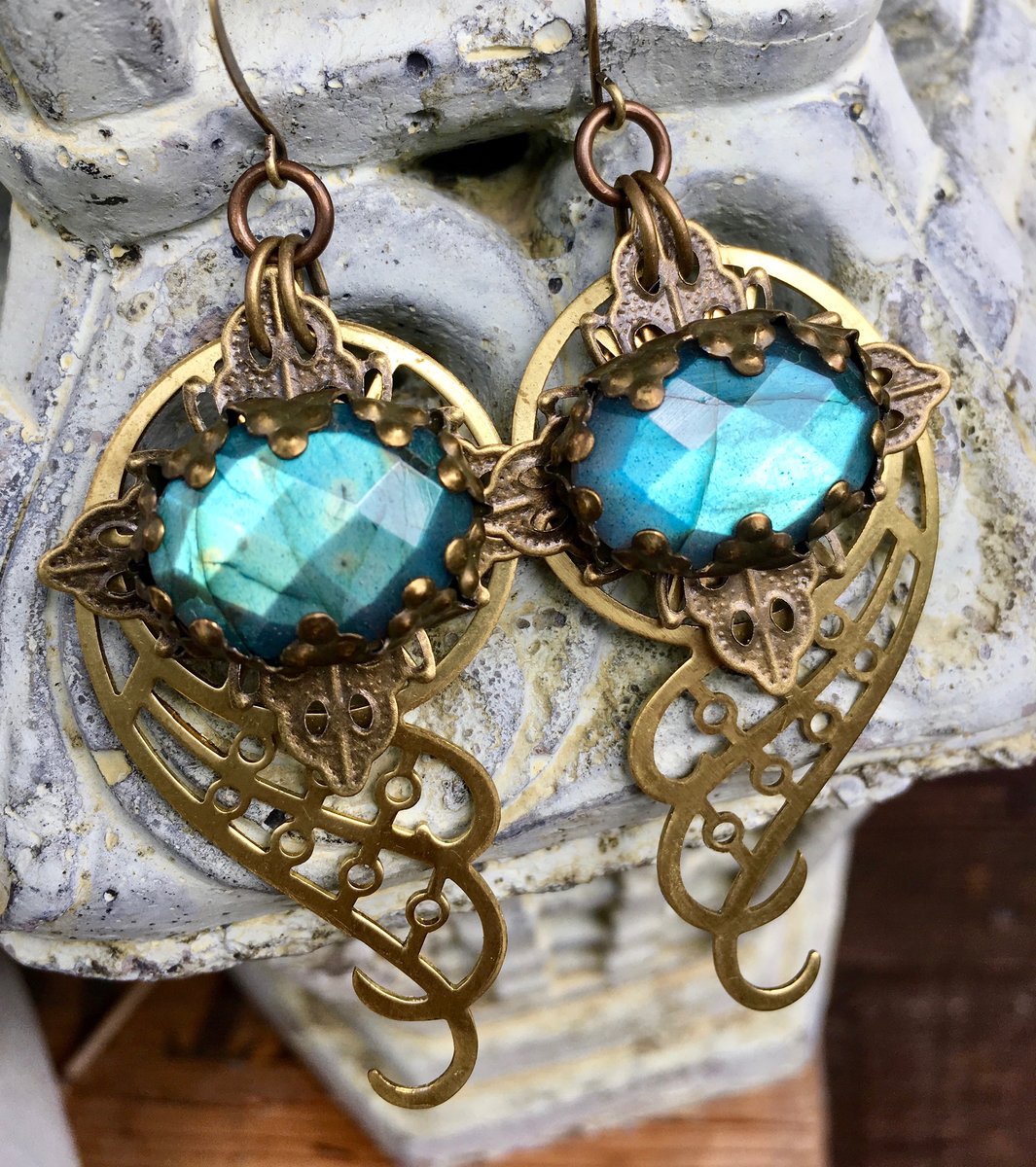 Spiral Galaxy Earrings | Blue Labradorite & Brass Spiral Geometric Jewelry