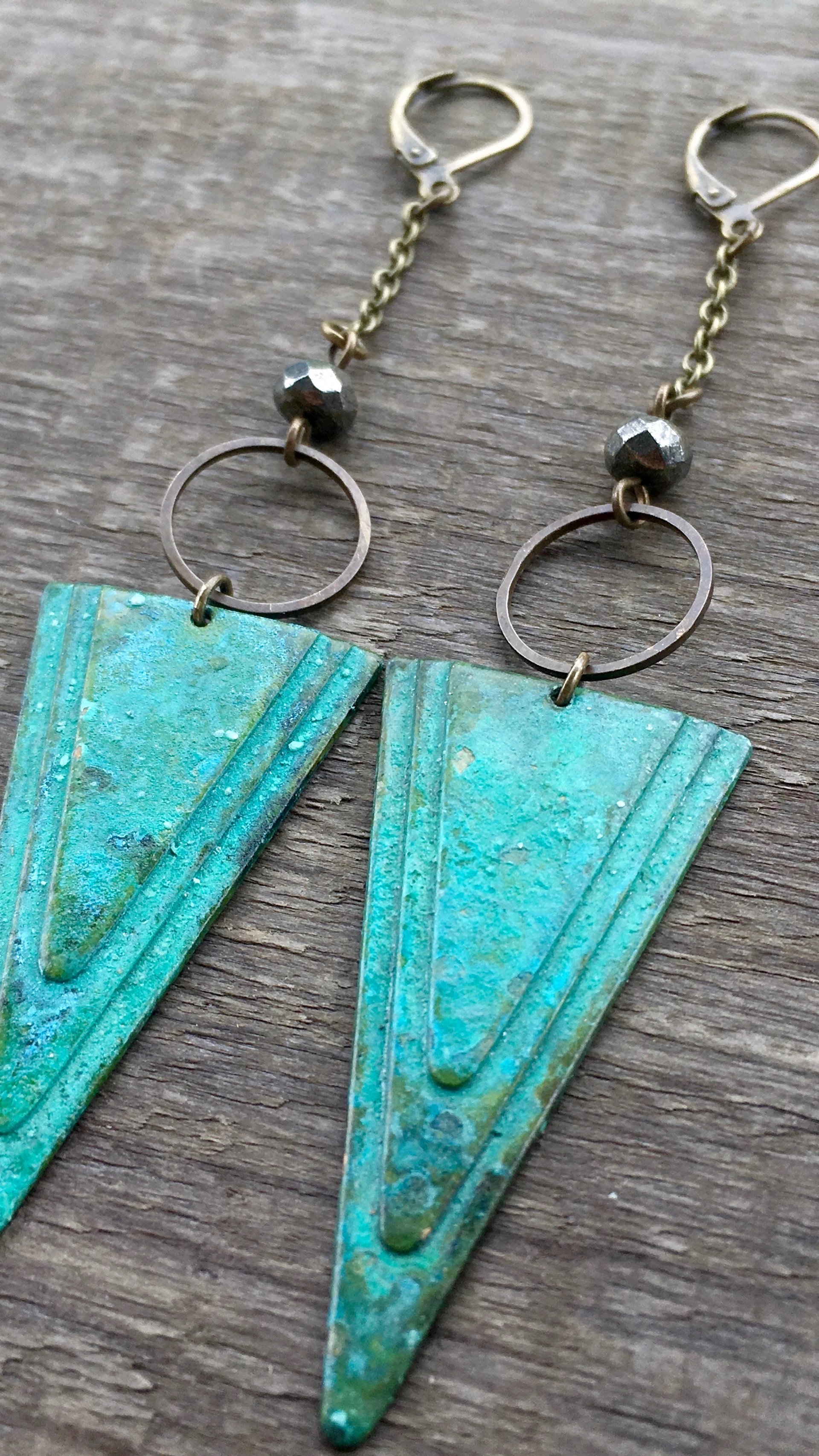 Earth Arrow Earrings | Pyrite & Patina Triangle Earrings
