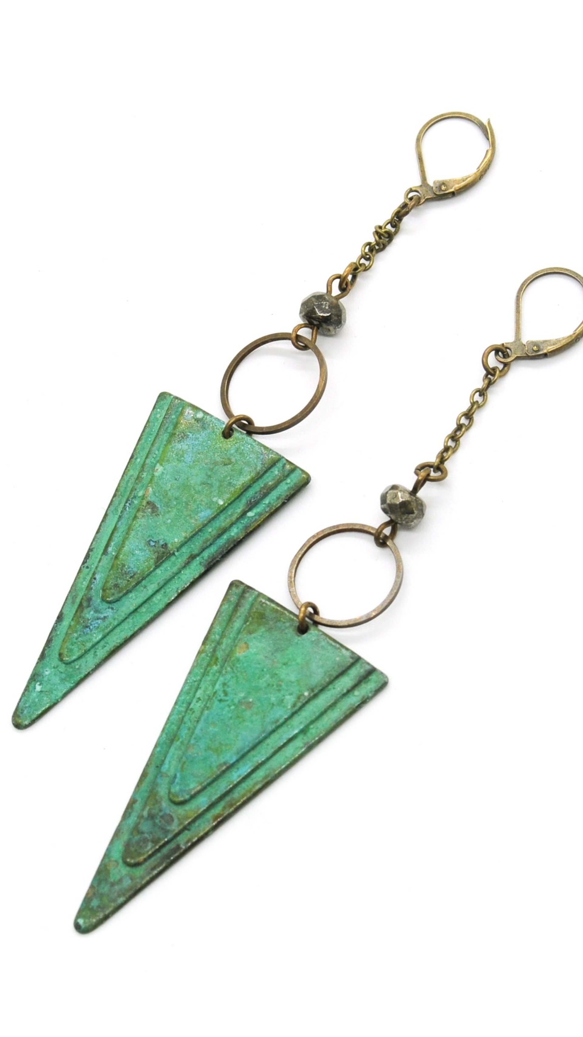 Earth Arrow Earrings | Pyrite & Patina Triangle Earrings