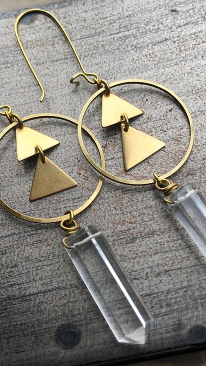 Bright Awakening Earrings | Quartz Crystal | Brass Triangle Hoop Drop Earrings