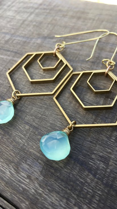 Geo Storm Earrings | Aqua Blue Chalcedony & Brass Hexagon Drop Earrings