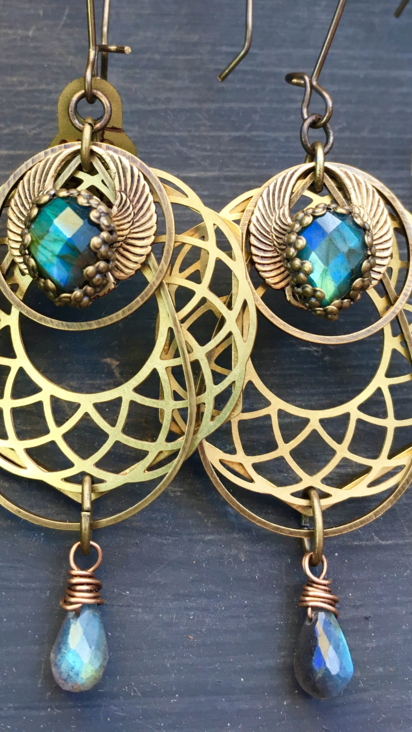 Winged Revolution Earrings | Geometric Jewelry | Blue Flash Labradorite | Scarab
